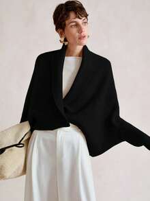 SHEIN Stylify Áo khoác cardigan dệt kim rộng dáng rộng viền bất đối xứng thời trang thu đông mới cho nữ, thời trang cao cấp thanh lịch, đa năng cho việc đi lại hàng ngày - màu đen - Xem 3