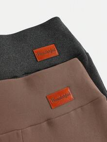 2 pièces Pantalon évasé taille haute avec doublure thermique et patch en PU, style décontracté et polyvalent pour les préadolescentes, automne/hiver - Acajou - Voir 3