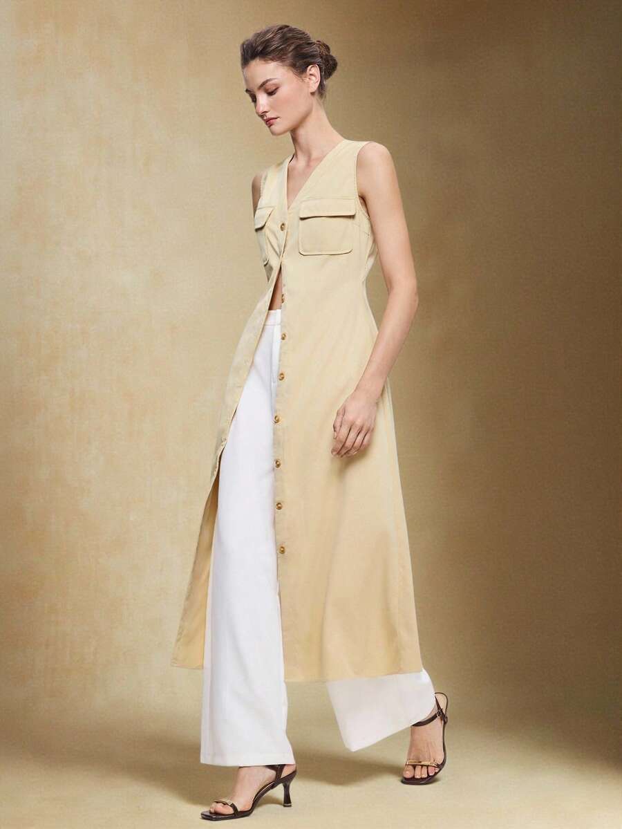 BizChic 2026 Spring/Summer New Khaki Front Button Sleeveless Dress, Vintage Inspired Modern Elegant Office Wear - Khaki - View 1