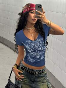 StreetHx 女士哥特式花卉印花水钻V领短袖修身街头T恤，朋克风V领复古T恤 - 寶藍色 - 查看 6