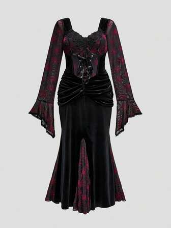 Goth Abito da sera gotico vintage in velluto rosso e nero per taglie forti, abito elegante con colletto arricciato e decorazioni, orlo a sirena, abito da festa elegante, autunno/inverno
