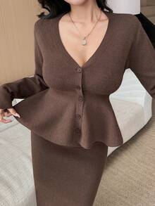 DAZY 2pcs Women V-Neck Dropped Shoulder Long Sleeve Ruffle Hem Knit Sweater Set - Grey - View 5