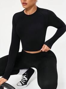 Seamluxe SHEIN Sport 无缝运动T恤，运动长袖，修身运动，长袖T恤 - 黑色 - 查看 1