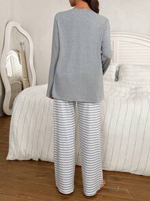 Moonlight&Mama 2pcs Maternity Knit Single Breasted Top And Pants Pajama Set, Comfortable & Casual, Winter - Multicolor - View 2