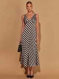 COSMINA Women's Elegant Striped V-Neck Sleeveless Dress, Suitable For Summer Parties, Beach Vacations And Casual Gatherings, Diagonal Striped Pattern, Backless Design, Elegant For Commuting And Office Wear