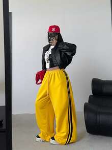 POPSWAY Quần nỉ sọc vàng phong cách thể thao rộng rãi cho nữ, quần ống rộng cạp cao có dây rút, mùa thu 2025 - Màu vàng - Xem 5