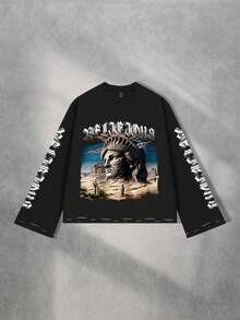 ROMWE MEN Herren Rundhals Straßen-Charakter Muster Destroyed Langarm T-Shirt