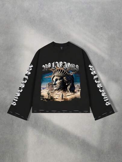 T-shirt a maniche lunghe da uomo con scollo tondo, stampa di personaggi da strada e effetto consumato