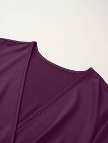 SHEIN Clasi Đầm Maxi xếp ly tay ngắn cổ chữ V màu đỏ tía cho nữ - màu đỏ đậm - Xem 6