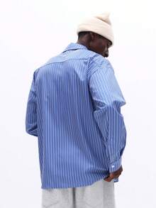 SUMWON 男士长袖纽扣条纹领衬衫，印花图案，常规版型，休闲工作办公春夏轻薄商务衬衫 - 藍白色 - 查看 2