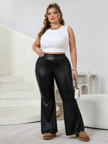 SHEIN CURVE+ Quần bó ống loe màu đen, chất liệu da PU thường ngày, đa năng, cỡ lớn dành cho nữ/2026/Năm mới - màu đen - Xem 7