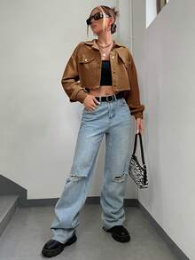 SHEIN EZwear 秋冬落肩翻领短款灯芯绒夹克 - 棕色 - 查看 5