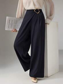 Modelyn Pantalon ample élégant à jambes droites et couleur unie avec décoration pour femmes - Bleu azur - Voir 6