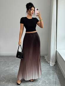 SHEIN Elenzya Elegant Pleated Ombre Print Pattern Women Skirt - Khaki - View 1