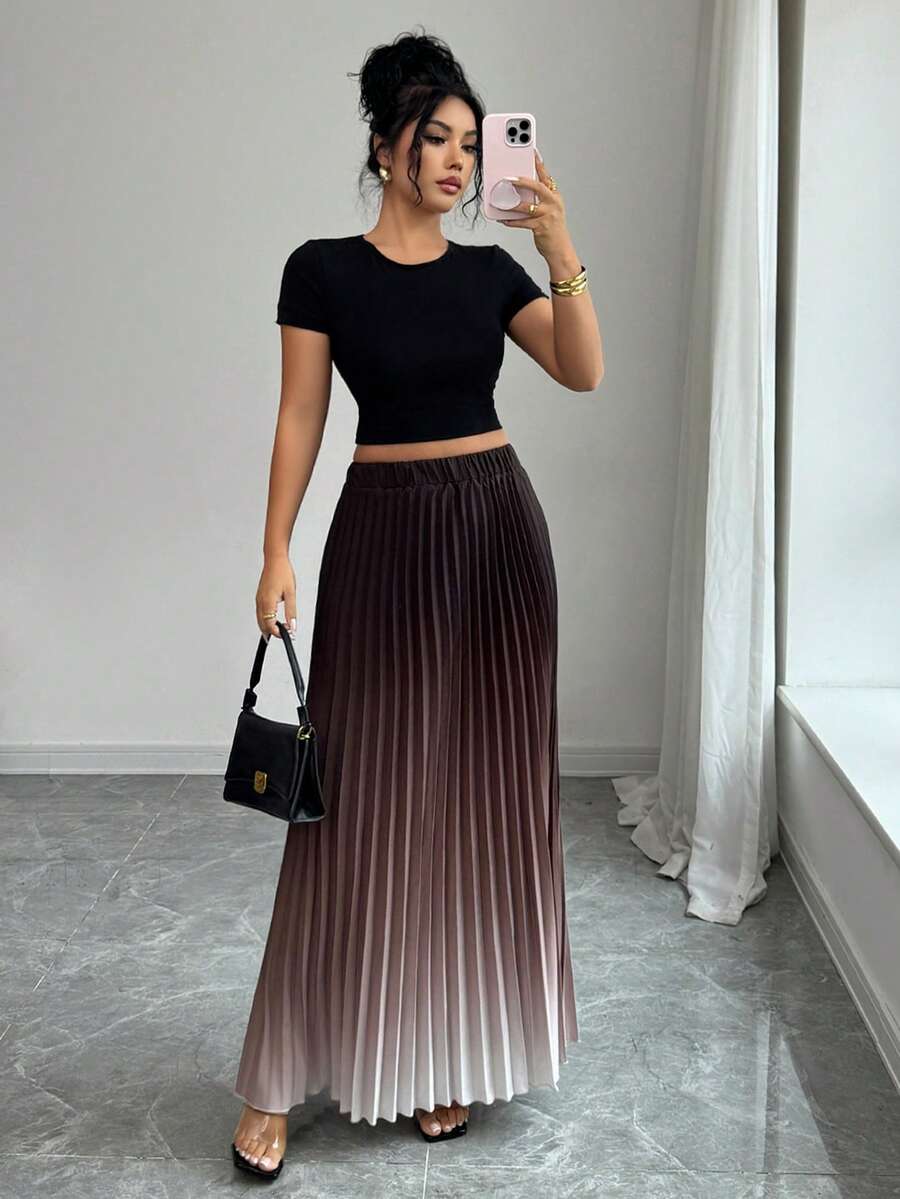SHEIN Elenzya Elegant Pleated Ombre Print Pattern Women Skirt - Khaki - View 1