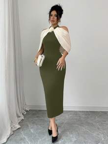 Selianne Color Block 3D Floral Decor Off Shoulder Casual Dress Maxi Women Outfit - Army Green - View 1