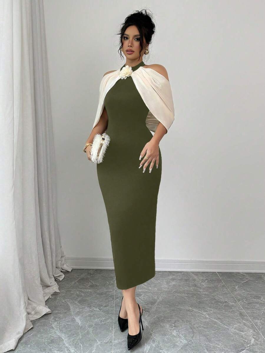 Selianne Color Block 3D Floral Decor Off Shoulder Casual Dress Maxi Women Outfit - Army Green - View 1