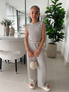 2pcs/Set Tween Girls Black & White Striped Loose Tank Top + Loose Pants, Fashion Versatile Outfit For Casual Wear, Spring/Summer 2026 - Black and White - View 4