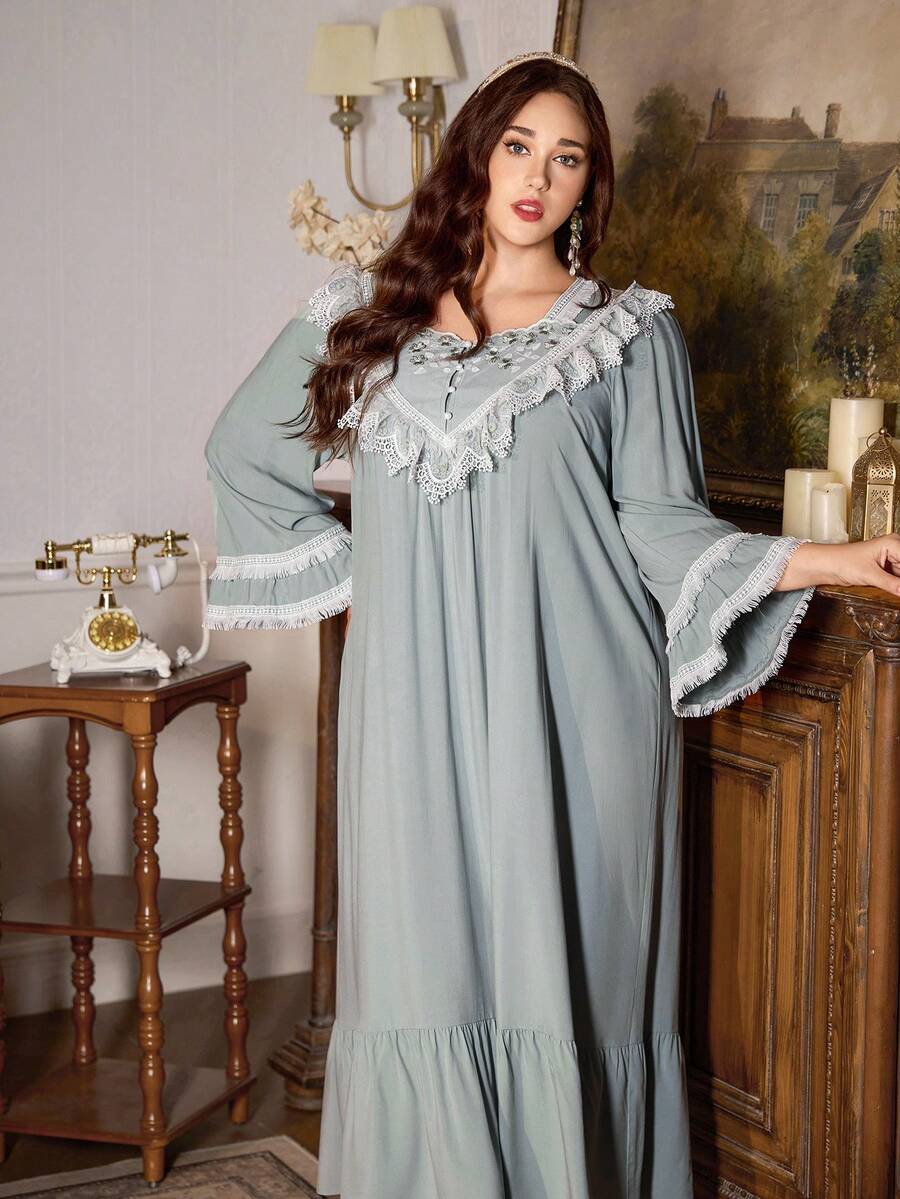 PalaceNights Vintage Palace Style Tassel Embroidered Lace Patchwork Loose Long Plus Size Nightgown, Moo Moo Night Dress - Green - View 1