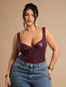 SHEIN BAE Plus Size Women's Burgundy Lace PU Bustier, Fishbone Bodysuit,Autumn/Winter Solid Wine Red Elastic PU Camisole, Women's Bralette, Wine Red Bra Top, Ladies' Vest Cami, Autumn/Winter Base Layer Cami, Party Cocktail Event - Burgundy - View 3