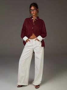 Athîral 女士条纹落肩长袖单排扣休闲宽松衬衫，女士纽扣衬衫，女士宽松纽扣衬衫，女士宽松衬衫，条纹衬衫，女士条纹纽扣衬衫 - 酒紅色 - 查看 3