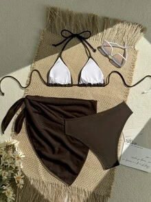 Swim Vcay 3pcs/Set Solid Color Bikini Swimsuit, Vacation Beach Brown Bathing Suit Women Bikini Set High Waist Brown Two Piece Set Women Brown Bikini Set Two Piece Beach Set - Coffee Brown - View 2