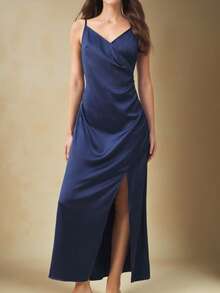 BizChic 2026 Spring/Summer Navy V-Neck Spaghetti Strap Side Slit Satin Dress, Elegant Urban Commute Everyday Romantic 90s Retro, Suitable For Christmas, New Year, Valentine's Day Party, Beach, Graduation, Fashion, Casual, Romantic, Suitable For Wedding Guest, Host, Date, Party, Concert, Brunch, Airport, Multi-Occasion - Blue - View 6