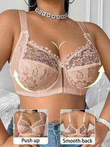 DesireSculpt 1件加大码蕾丝拼接钢圈文胸 - 杏色 - 查看 6