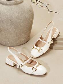 Solezae Giày cao gót mũi vuông khóa yên ngựa hở gót dành cho nữ – Phong cách Pháp thanh lịch, sang trọng tối giản. - trắng - Xem 5