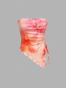 MOD 4 piezas Parte superior corta ajustada tipo tubo, con lazo en la cintura, top bandeau estampado, top corto sin tirantes, paquete de 4 tops bandeau tipo tubo para mujer con detalle de fruncido y cordón, estampado floral, para primavera/verano, té, salir - Marrón 3 - Ver 10