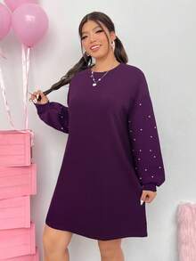 SHEIN EZwear 女士加大码落肩宽松黑色连衣裙 - 紫色 - 查看 6