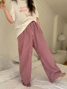 Dazy Plus 大码女式格子休闲宽松直筒睡裤，松紧腰，春秋季睡衣 - 紅色 - 查看 4