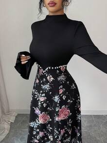Modelyn 女士优雅印花高领连衣裙，饰有串珠，适合秋冬季穿着 - 黑色 - 查看 4