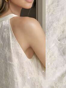 SHEIN LUNE 2pcs Embroidered Sequin Halter Neck Wedding Guest Outfit, Cream Apricot - Apricot - View 5