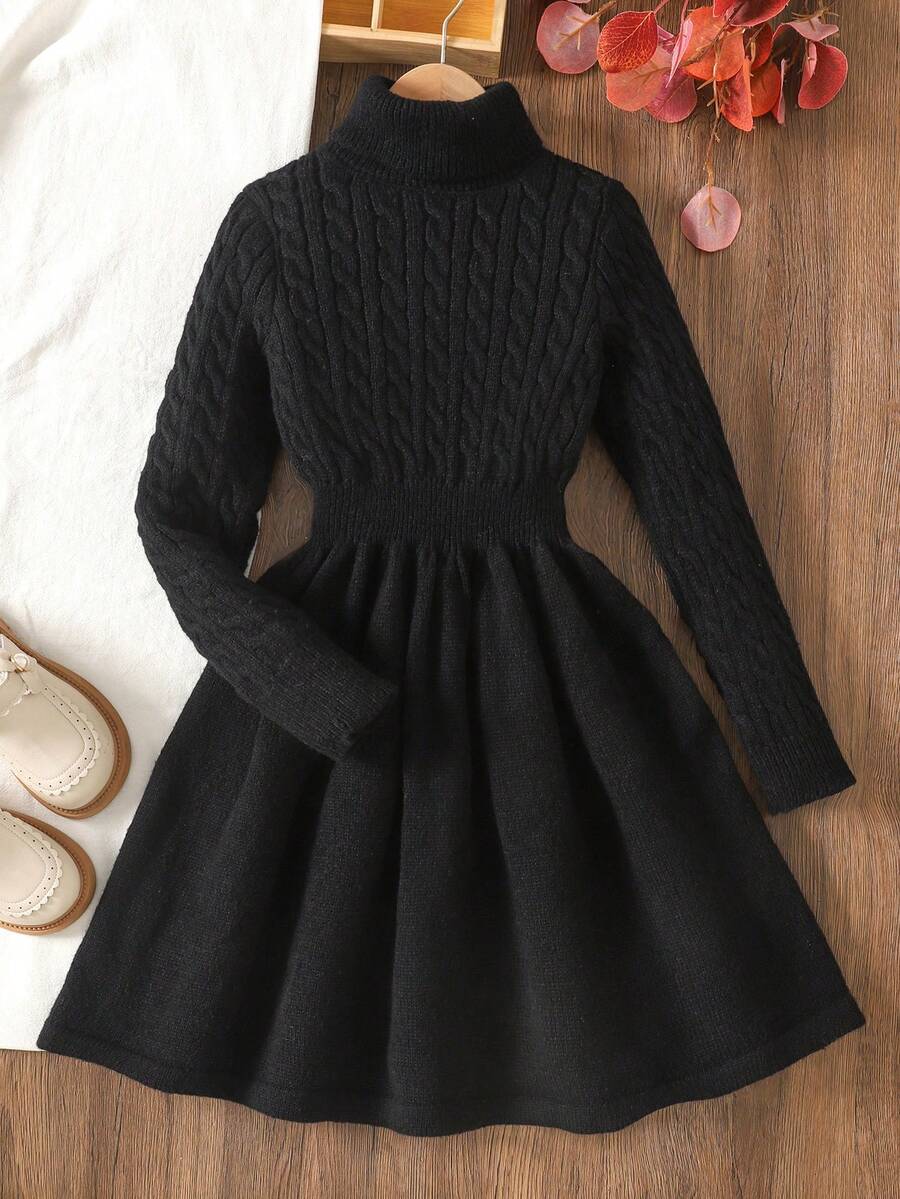 SHEIN Tween Girl Casual Solid Color Knitted Stand Collar Long Sleeve Sweater Dress - Black - View 1