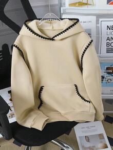 SHEIN 1件超大码少女时尚英文印花卫衣，卡其色，撞色滚边设计，适合秋冬季节、户外活动、上学、旅行、聚会、通勤等场合，必备套头衫。 - 杏色 - 查看 6