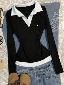 Rina Fox 女士骑士印花纽扣半开襟长袖休闲上衣 - 黑色 - 查看 4