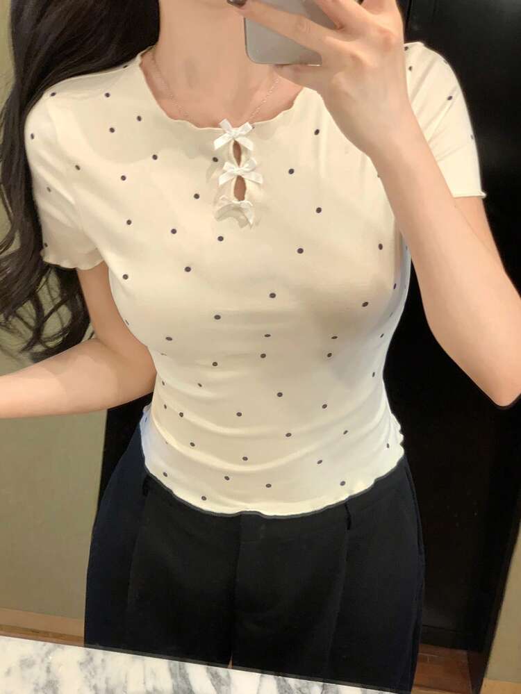 Women's Casual Polka Dot Print Bow Short Sleeve T-Shirt