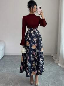 Modelyn 女士优雅印花高领连衣裙，饰有串珠，适合秋冬季穿着 - 紅色和黑色 - 查看 6