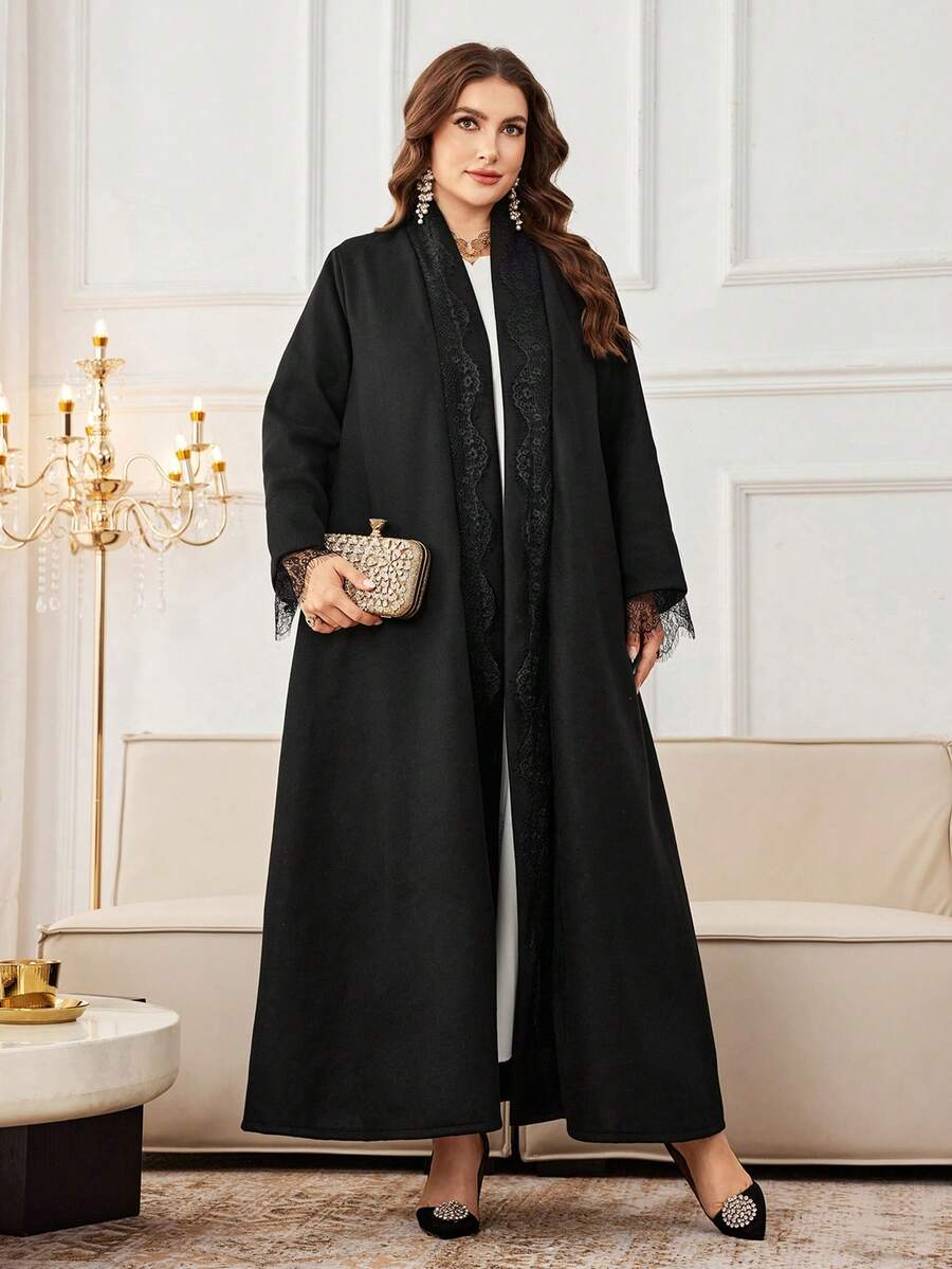 Al Najma Áo choàng Abaya tay dài rộng rãi màu trơn cỡ lớn, viền ren, thích hợp cho mùa xuân và mùa thu - màu đen - Xem 1