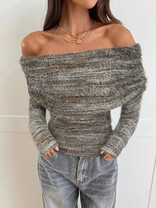 Aloruh Women's Sexy & Elegant Off-Shoulder Ruched Fitted Long Sleeve Knit T-Shirt - Grey - View 4