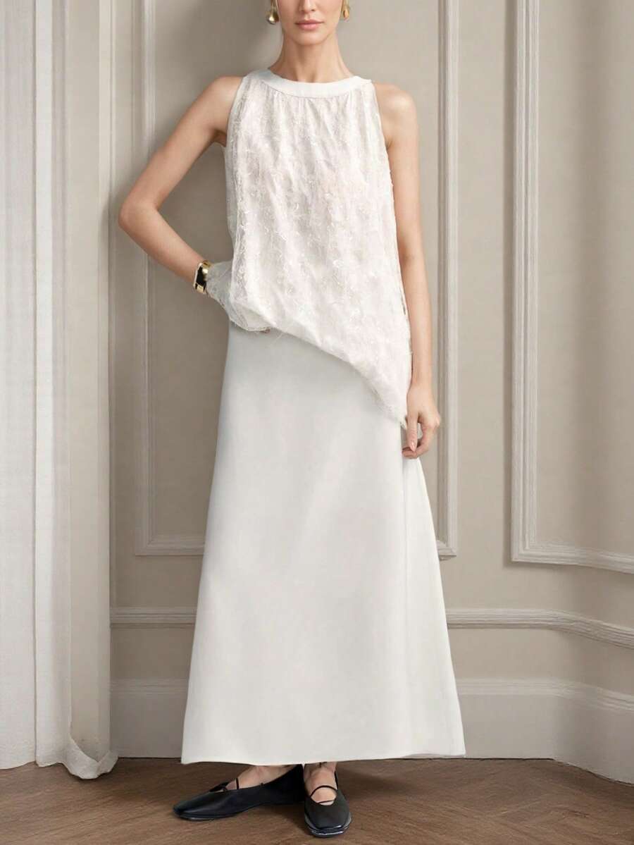 SHEIN LUNE 2pcs Embroidered Sequin Halter Neck Wedding Guest Outfit, Cream Apricot - Apricot - View 1