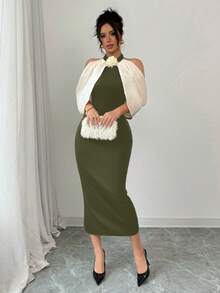Selianne Color Block 3D Floral Decor Off Shoulder Casual Dress Maxi Women Outfit - Army Green - View 6
