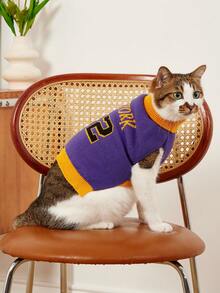 PETSIN 1件宠物猫狗通用32码紫色酷炫运动风图案针织提花保暖舒适弹力无袖高领狗狗毛衣 - 紫色 - 查看 3