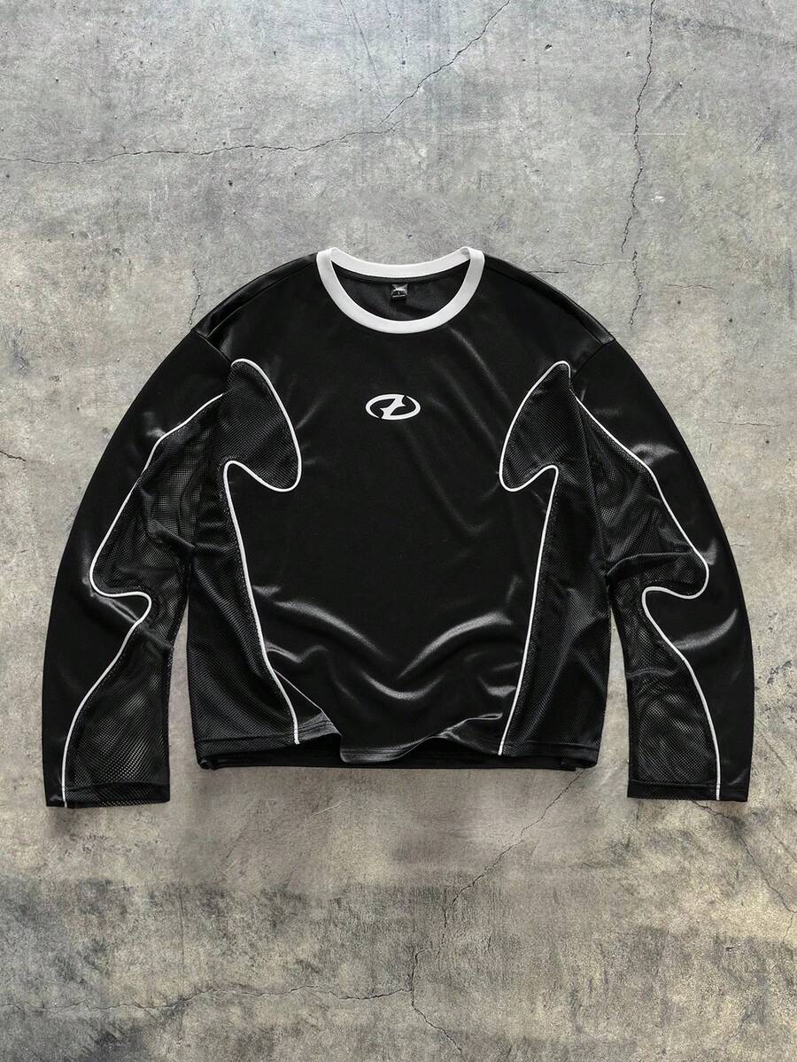 AXEPEAK Camiseta de manga larga casual y holgada con cuello redondo y estampado geométrico para hombre - Negro - Ver 1