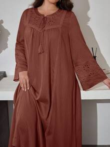 Al Najma V-Neck Drawstring Flare Sleeve Embroidery Patchwork Dress, Spring/Autumn - Rust Brown - View 6