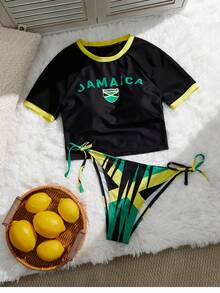 Swim Vcay 女士牙买加度假冲浪运动短袖防晒衣套装，包括系带腰裤、撞色吊带背心和比基尼上衣，颜色为黄色、黑色和绿色。 - 彩色 - 查看 2