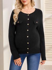 SHEIN Maternity Sweater,Black Autumn Elegant Formal Evening Everyday Fitted Style Metal Button Faux Pocket Wide Collar Casual Solid Long Sleeve Cardigan - Black - View 3