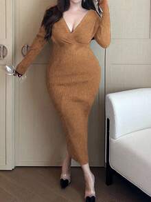 Flirla Plus Size Women Solid Color Overlap V-Neck Long Sleeve Fitted Elegant Knit Dress - Camel - View 3
