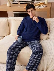CoupledUp Men's Casual Solid Color Round Neck Half-Zip Fleece Long Sleeve Top And Plaid Pants Pajama Set - Navy Blue - View 2